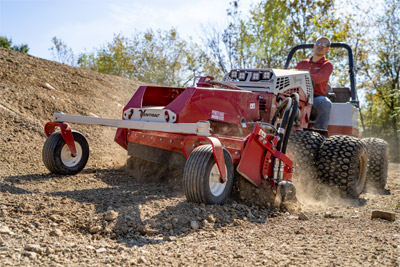 Ventrac Power Rake - The KG540 Power Rake utilizes the front dual auxiliary hydraulic kit to allow for Quick Hydraulic Height Adjust for the drum.