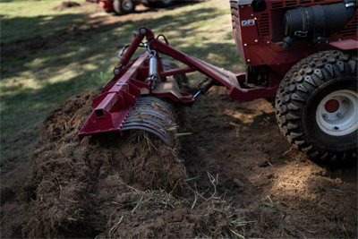 Ventrac Landscape Rake - The KR502 can also be mounted at the rear of the tractor on the 3-point-hitch with the Ventrac 3-N-1 Adapter for pulling material. 