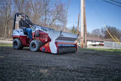 Ventrac Soil Cultivator - The EG520 Primary Seeder from Ventrac ensures perfect seed placement with a consistent and accurate drop rate. Featuring components like the Front and Rear Packer Rollers, Calibration Tray, and Precision Seed Funnels, it provides optimal seed-to-soil contact and easy adjustment for various grass seed types.