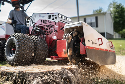 Ventrac Stump Grinding - Stump grinding with a Ventrac equipped with dual wheels.