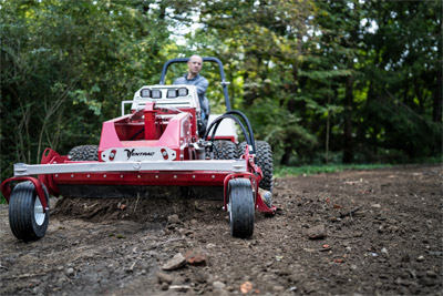 Ventrac Power Rake - The compact design of the tractor and Power Rake allows the operator to maneuver through tight areas where other machines would be unable to navigate through. 