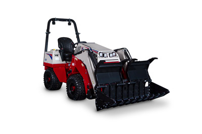 KM100 Rock Bucket Grapple - Ventrac Loader equipped with the KM100 Rock Bucket Grapple in the open position.
