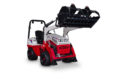 KM100 Rock Bucket Grapple - Ventrac Loader equipped with the KM100 Rock Bucket Grapple in the lifted position.