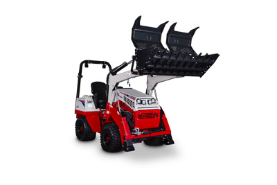 KM100 Rock Bucket Grapple - Ventrac Loader equipped with the KM100 Rock Bucket Grapple open in the lifted position.