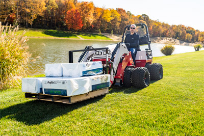 Ventrac KM410 Pallet Forks - With a capacity of 310 lbs on 5-degree slopes and 210 lbs on 10-degree slopes, the KM410 Pallet Forks ensure safe and effective operation on varied terrain.