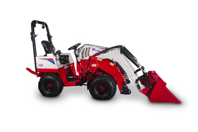 KM500 Loader - Side profile of the Ventrac Loader with the bucket on the ground.
