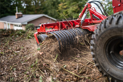 Ventrac Landscape Rake - Mounting the Landscape Rake to the front of the tractor minimizes the chance of running over debris, but it can be mounted to the back and the tines can be reversed if the need arises.