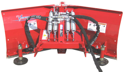 Ventrac V-Blade Rear View - Standard features include hydraulically activated wing cylinders, mechanical trip, adjustable cast iron skid shoe discs, reversible high carbon hardened steel cutting edges, and a center shoe for gliding over rough terrain. Pivot points are fully greasable to ensure proper operation, even in the worst environments.