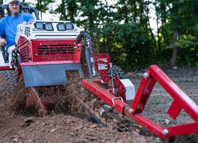 Ventrac Trencher - The terminator/cup combo chain offers carbide tips resulting in excellent cutting performance in a variety of soil conditions. 