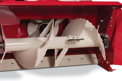 LX423 Snowblower Closeup View - A two stage snow blower, the LX423 features a 16" diameter solid auger for best snow transfer, a large 20" diameter fan , and the ability to move 2500 pounds of snow per minute at distances up to 40 feet.