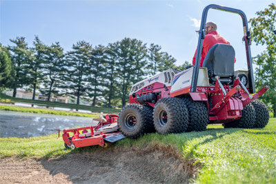 Ventrac Contour Mower - The MJ840 features full rear rollers for even cutting and striping, rear discharge, and a flip-up deck design.